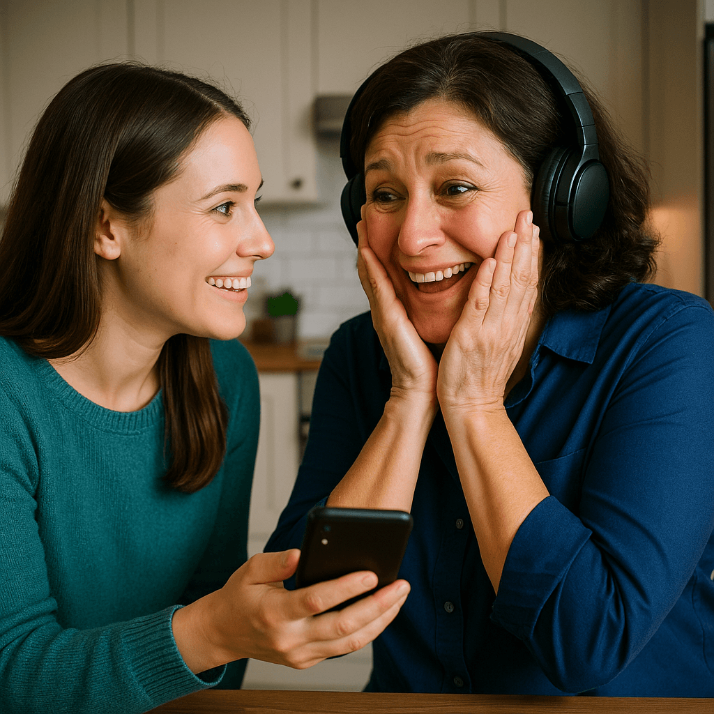Two people listening to a song together